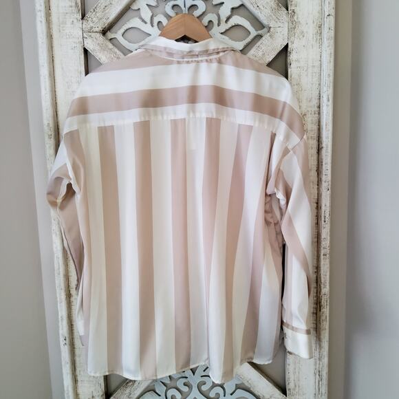 Notations Women Long Sleeve Collar Button Down Shirt Blouse Beige & Cream Stripe - Picture 5 of 5